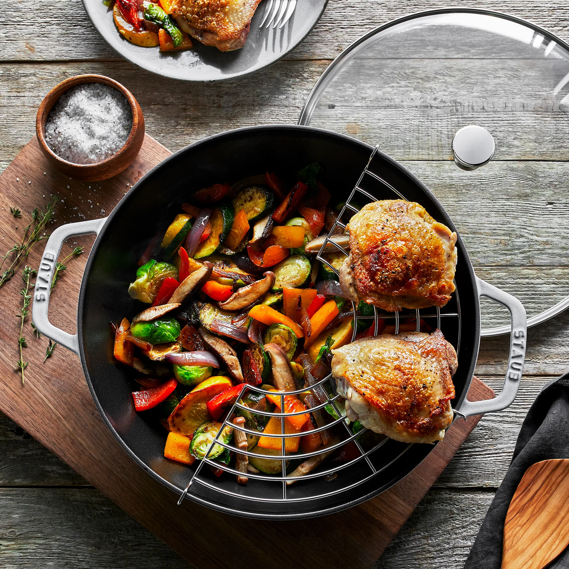 Staub cast iron wok pan with glass lid Ø30 cm, White truffle STAUB