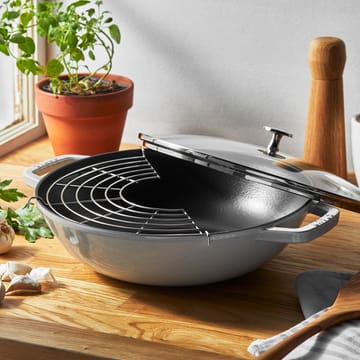 Staub cast iron wok pan with glass lid Ø30 cm - White truffle - STAUB