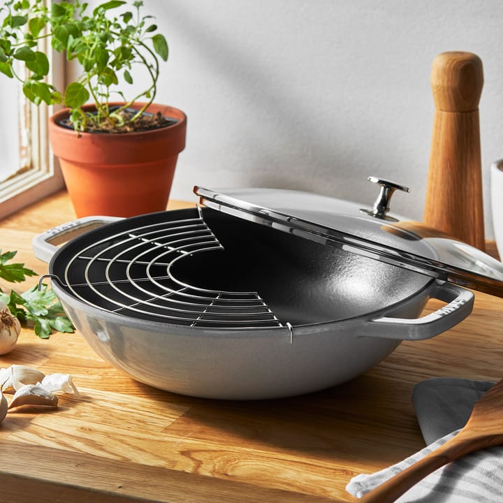 Staub cast iron wok pan with glass lid Ø30 cm, White truffle STAUB