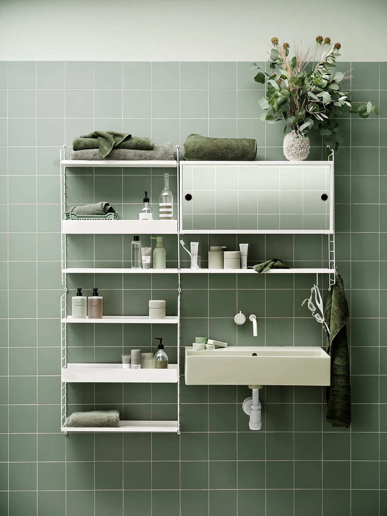 String cabinet with sliding door, White, mirror sliding doors, 78x20 cm String