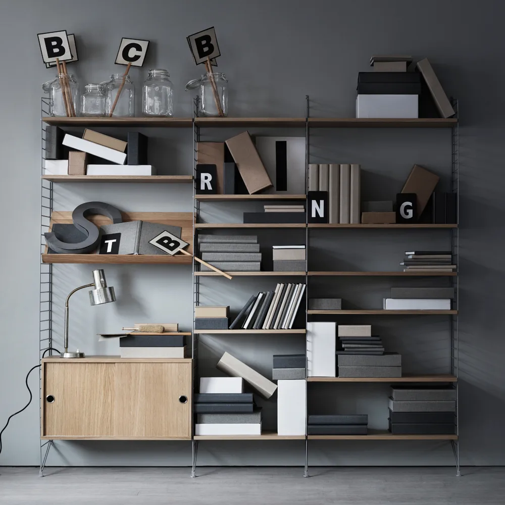 String magazine shelf wood, Ash black stain, 58x30 cm String