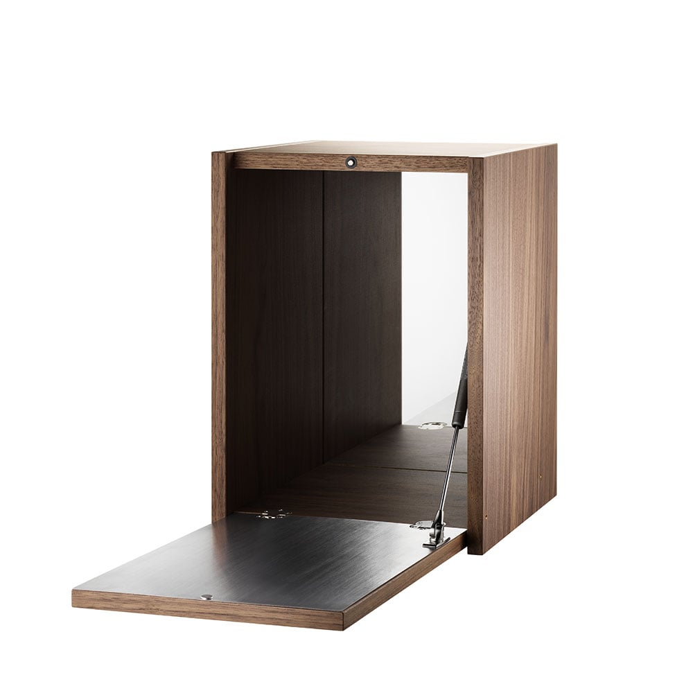 String schnapps cabinet Walnut, inside of door stainless steel plate, mirrored glass back piece