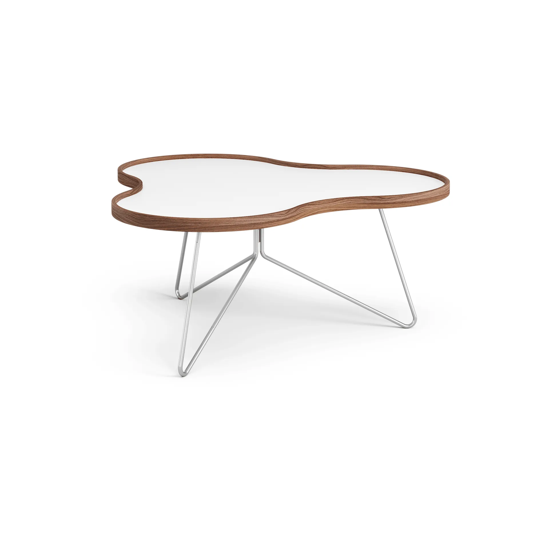 Flower table 84x90 cm, White, 39cm, walnut edge, chrome base Swedese