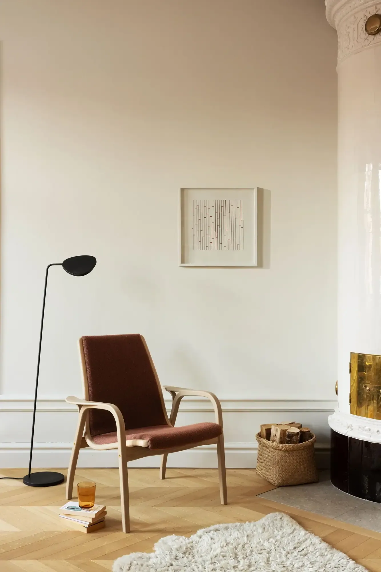 Laminett armchair, Sheepskin Sahara-lacquered beech Swedese