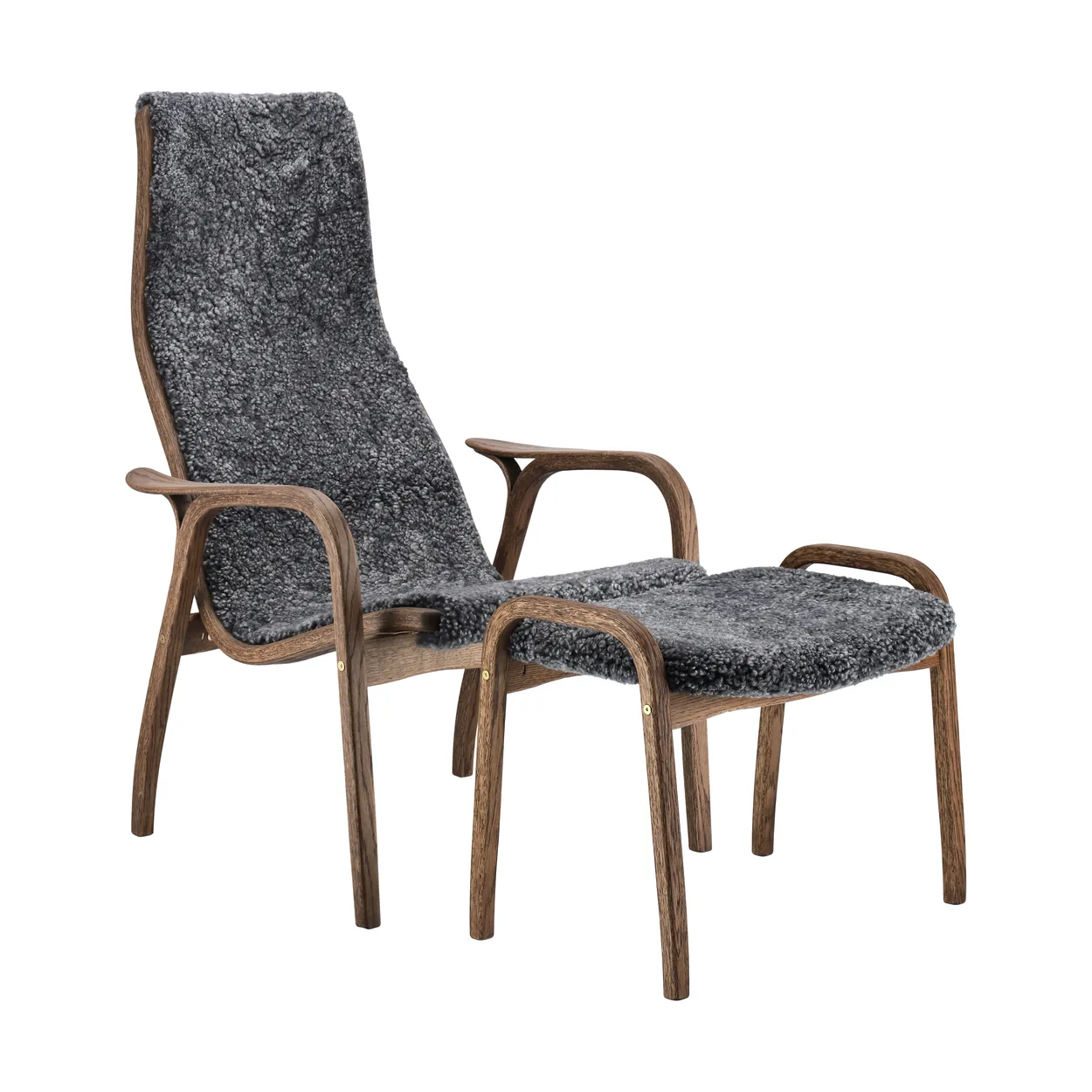 Swedese Lamino armchair and footstool oak/sheepskin Special Edition Rubio Monocoat Chocolate-Charcoal