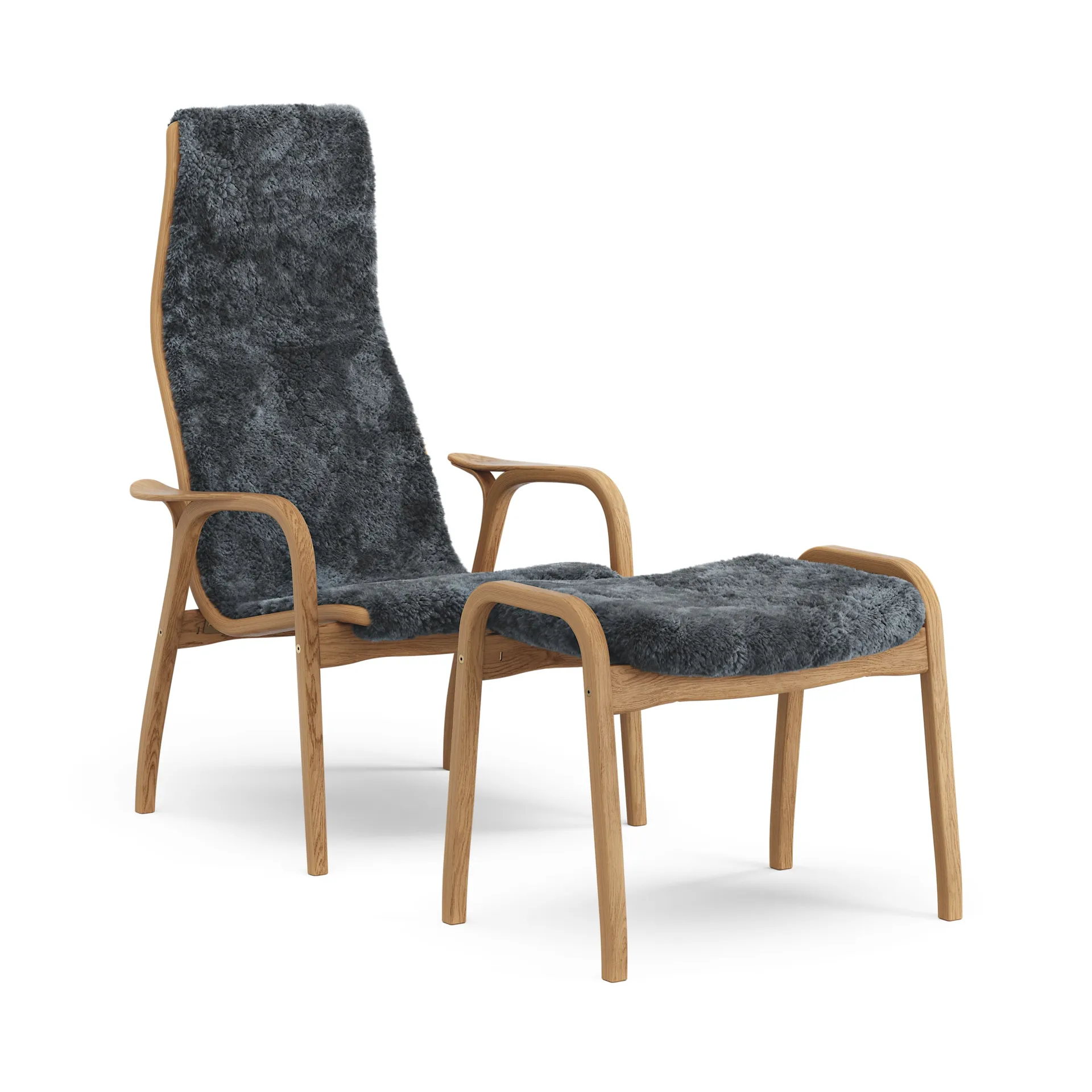 Lamino armchair and footstool oiled oak/sheepskin, Charcoal (dark grey) Swedese
