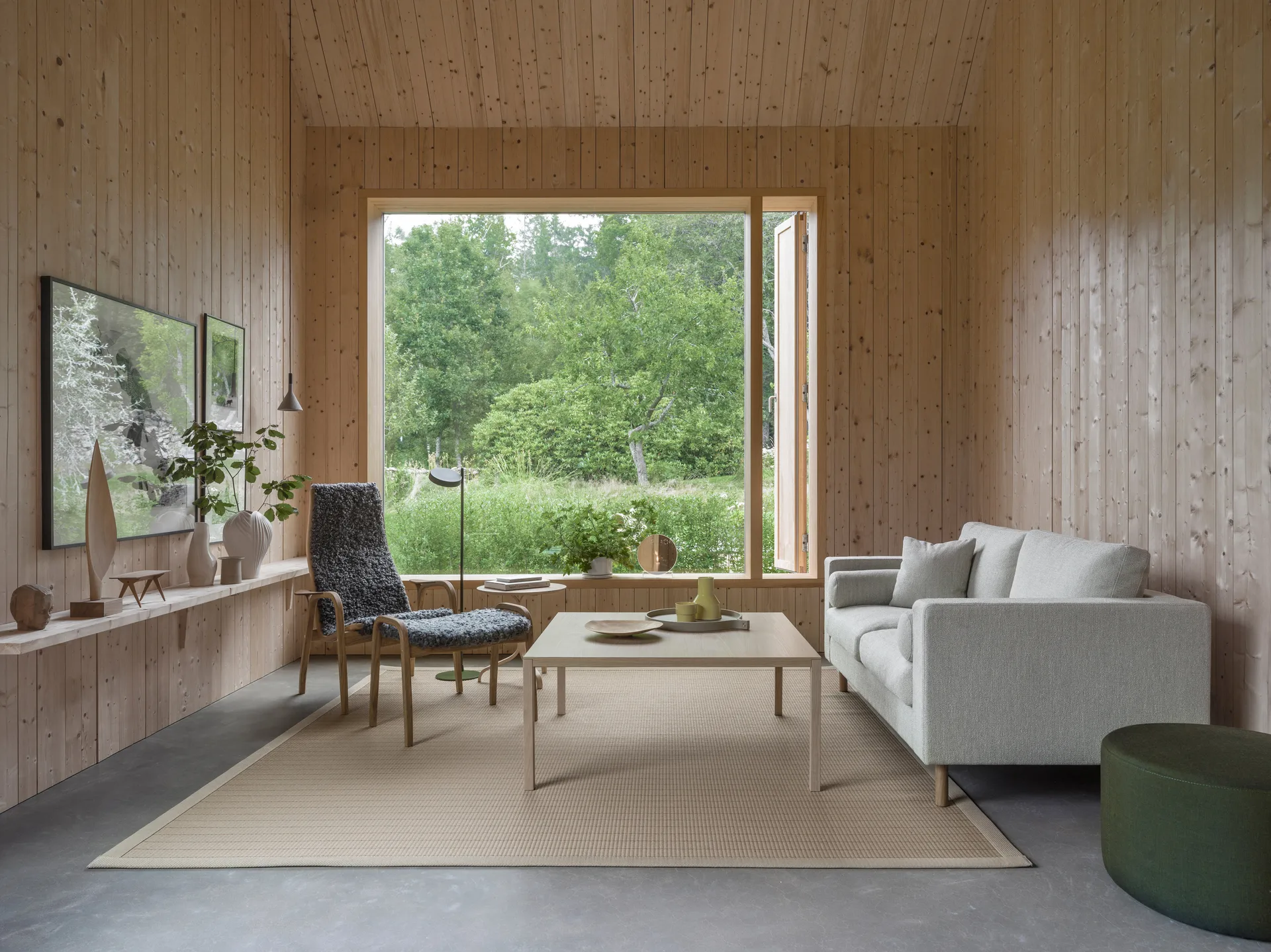 Lamino armchair and footstool oiled oak/sheepskin, Moonlight (beige) Swedese