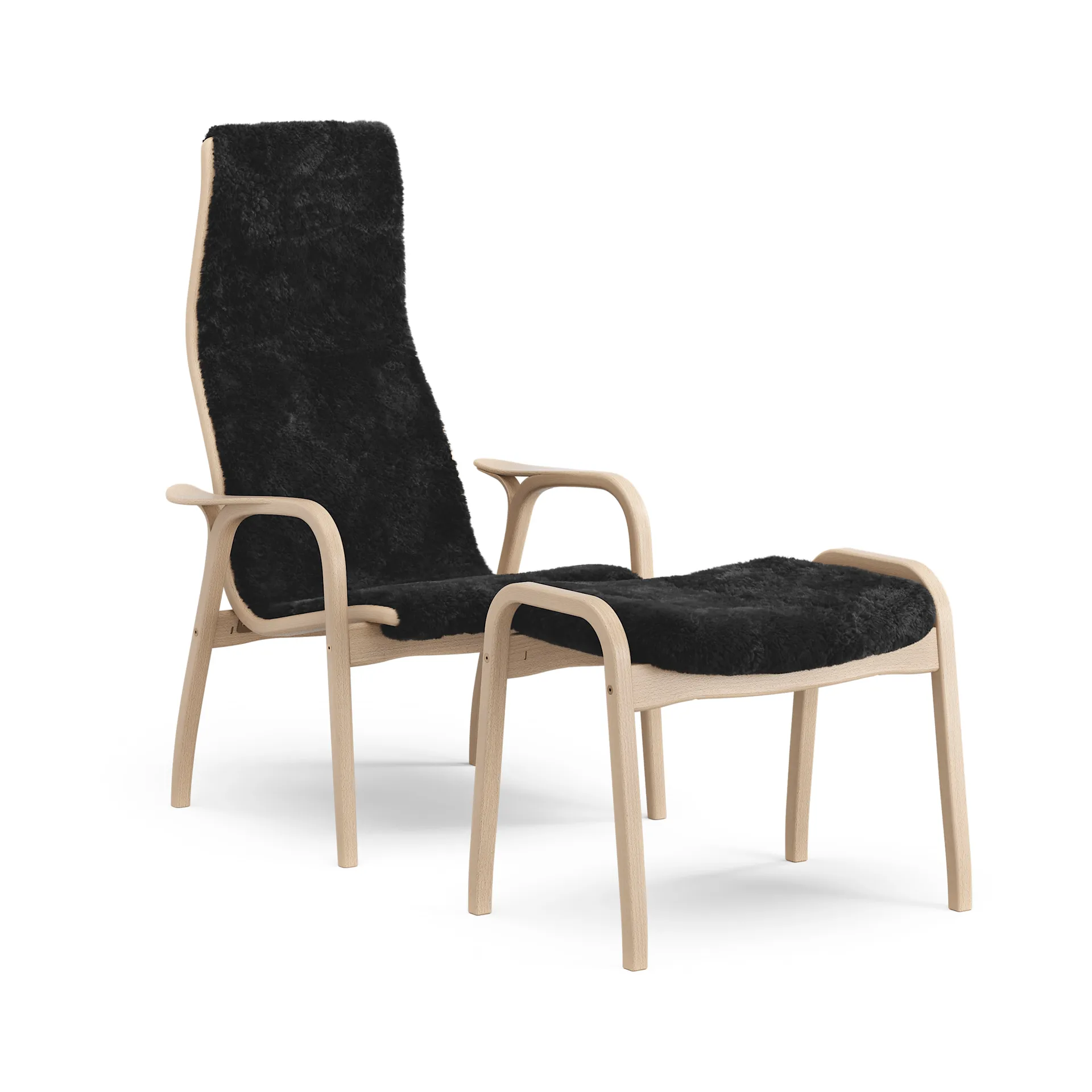 Lamino armchair and footstool, Sheepskin Black-laquered beech Swedese