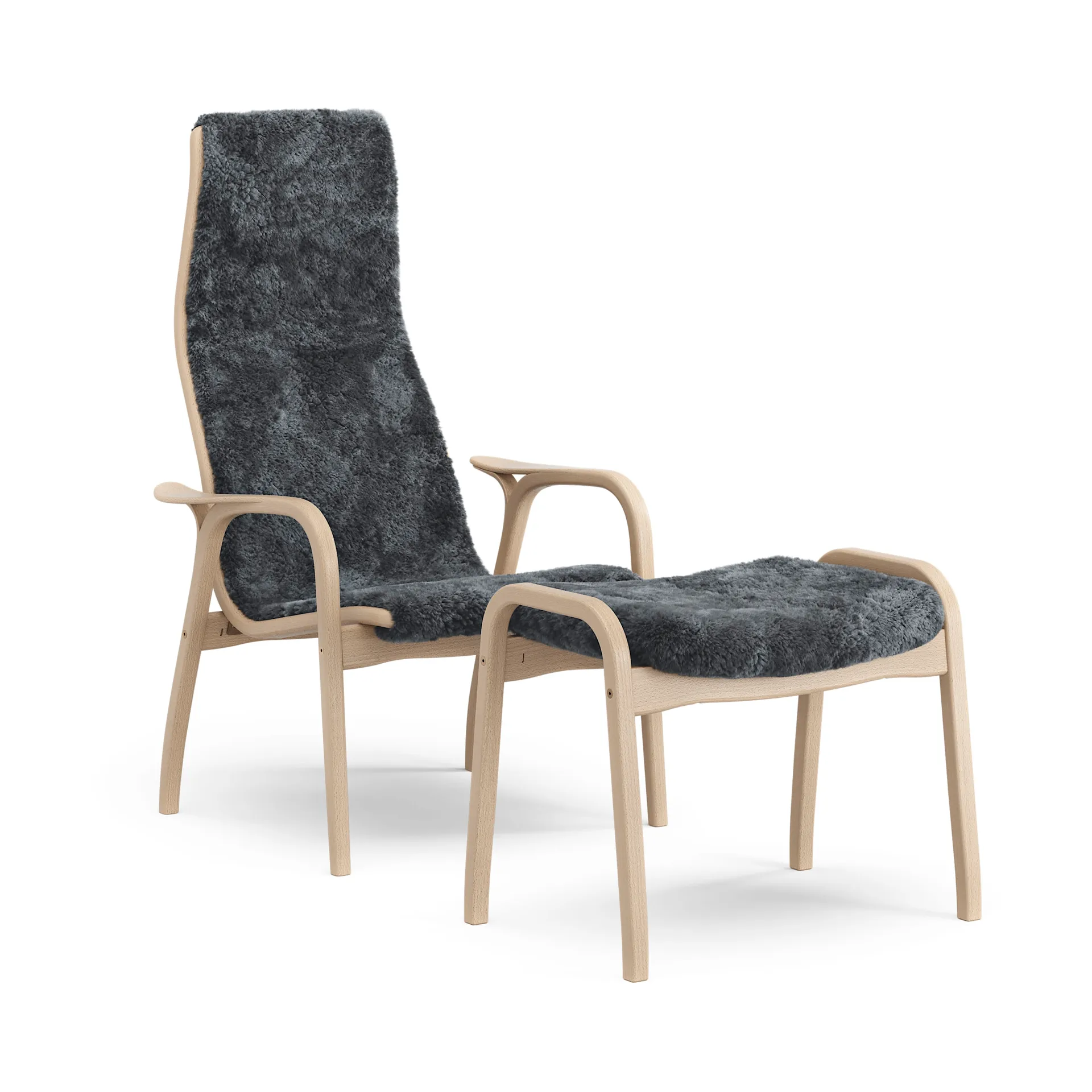 Lamino armchair and footstool, Sheepskin Charcoal-laquered beech Swedese