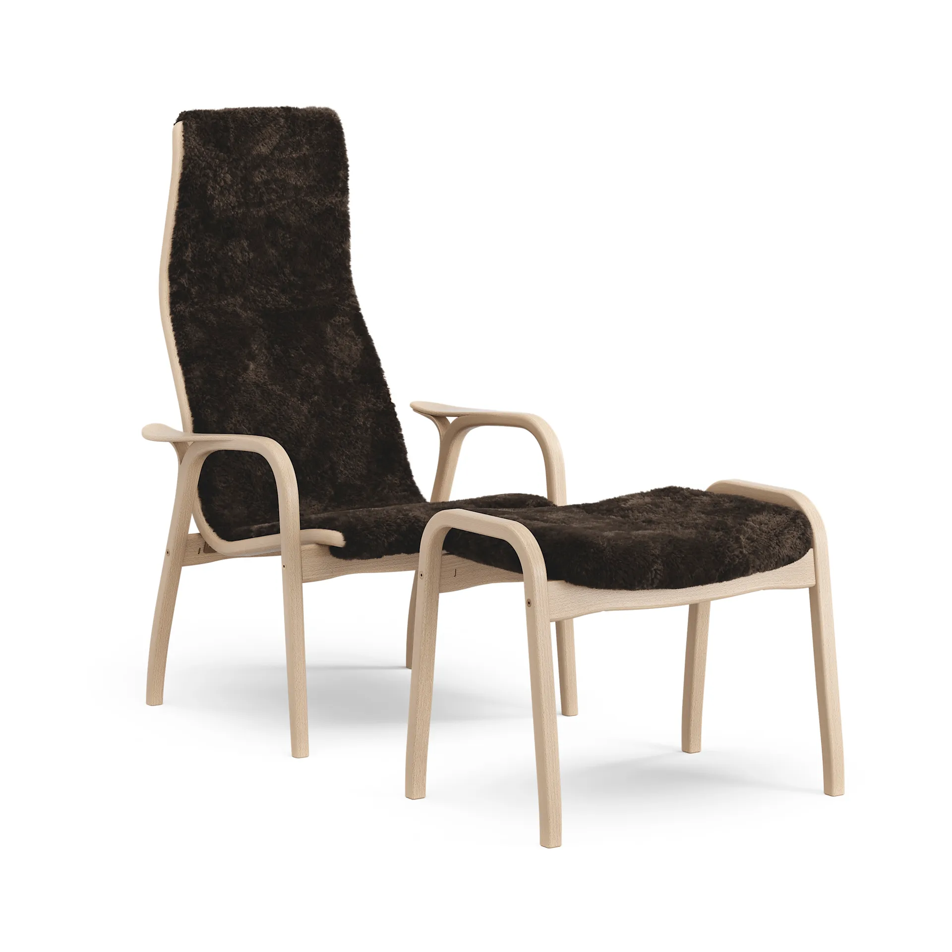 Lamino armchair and footstool, Sheepskin Espresso-laquered beech Swedese