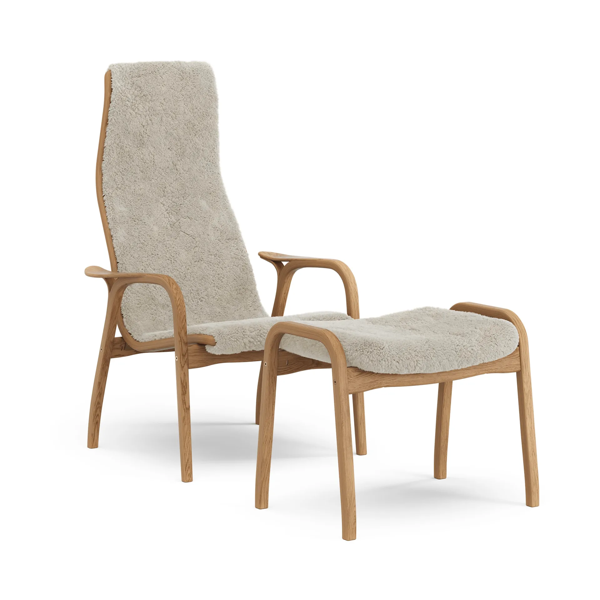 Lamino armchair and footstool, Sheepskin Moonlight-oiled oak Swedese