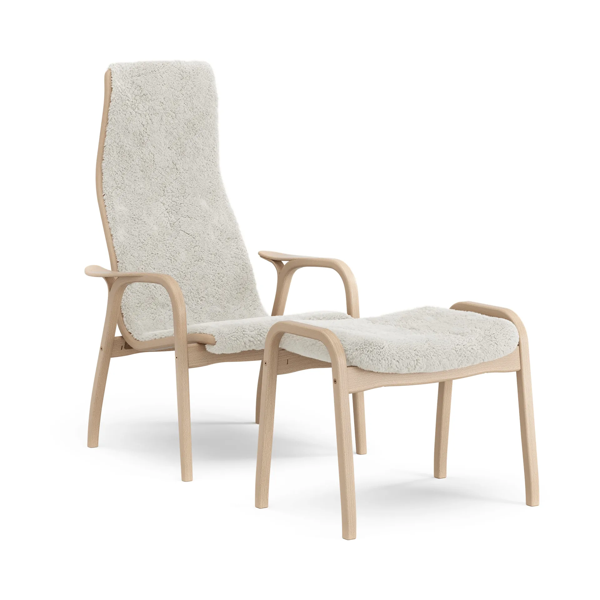 Lamino armchair and footstool, Sheepskin Off white-laquered beech Swedese