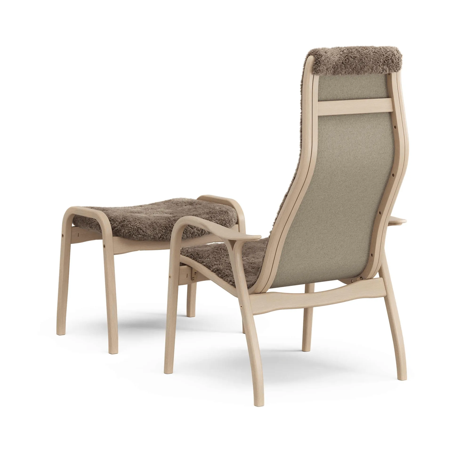 Lamino armchair and footstool, Sheepskin Sahara-laquered beech Swedese
