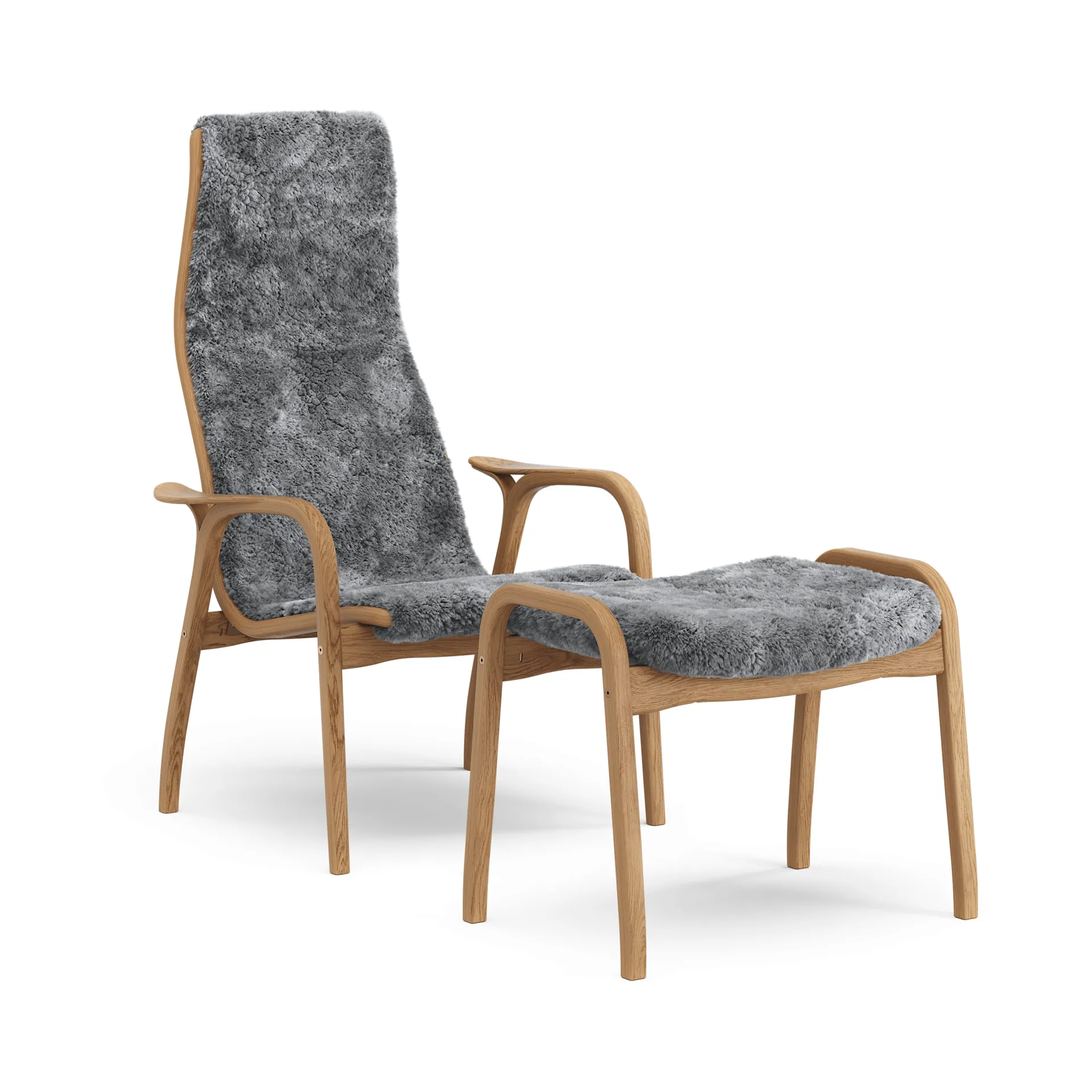 Lamino armchair and footstool, Sheepskin Scandinavian grey-oiled oak Swedese