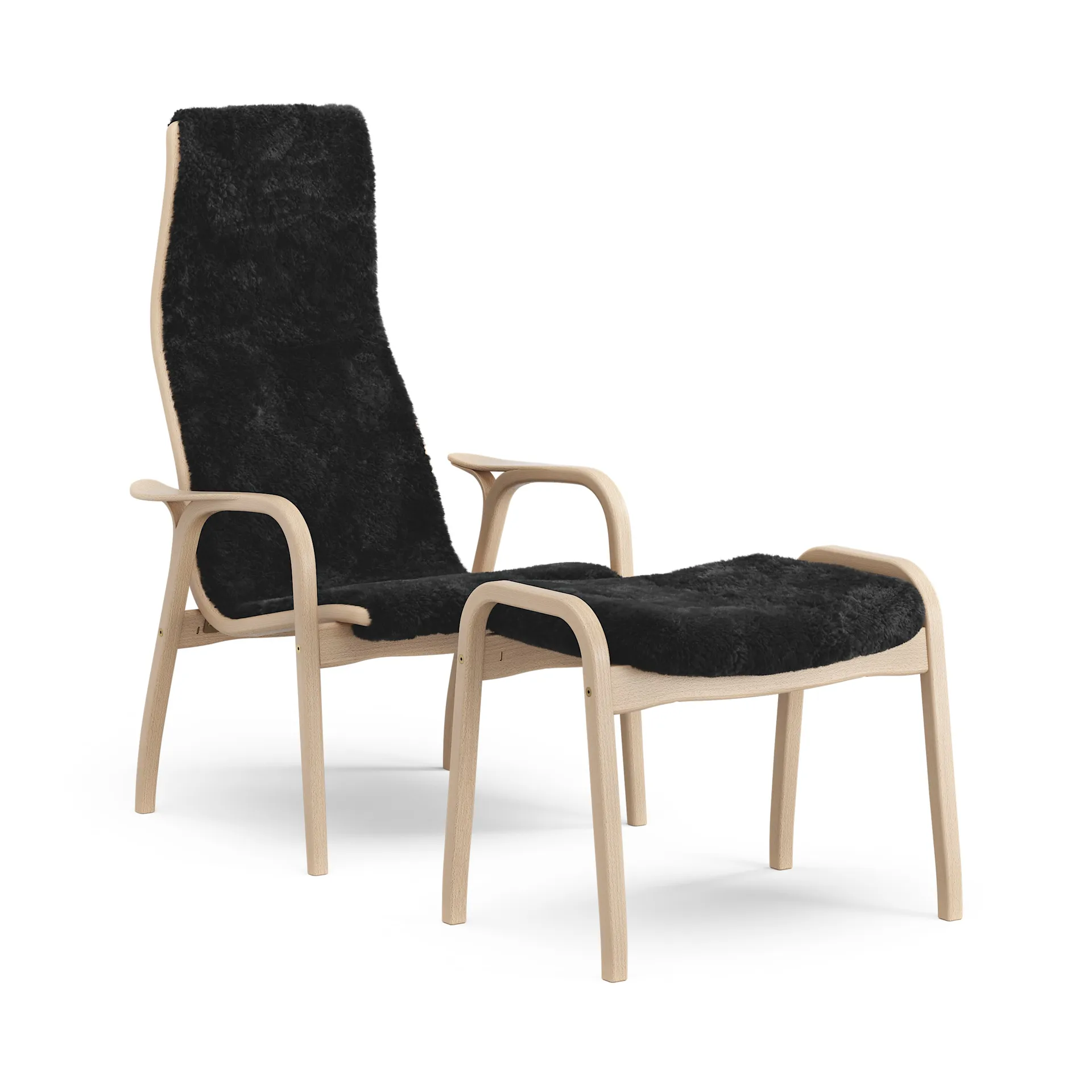 Lamino armchair and footstool varnished beech/sheepskin, Black Swedese
