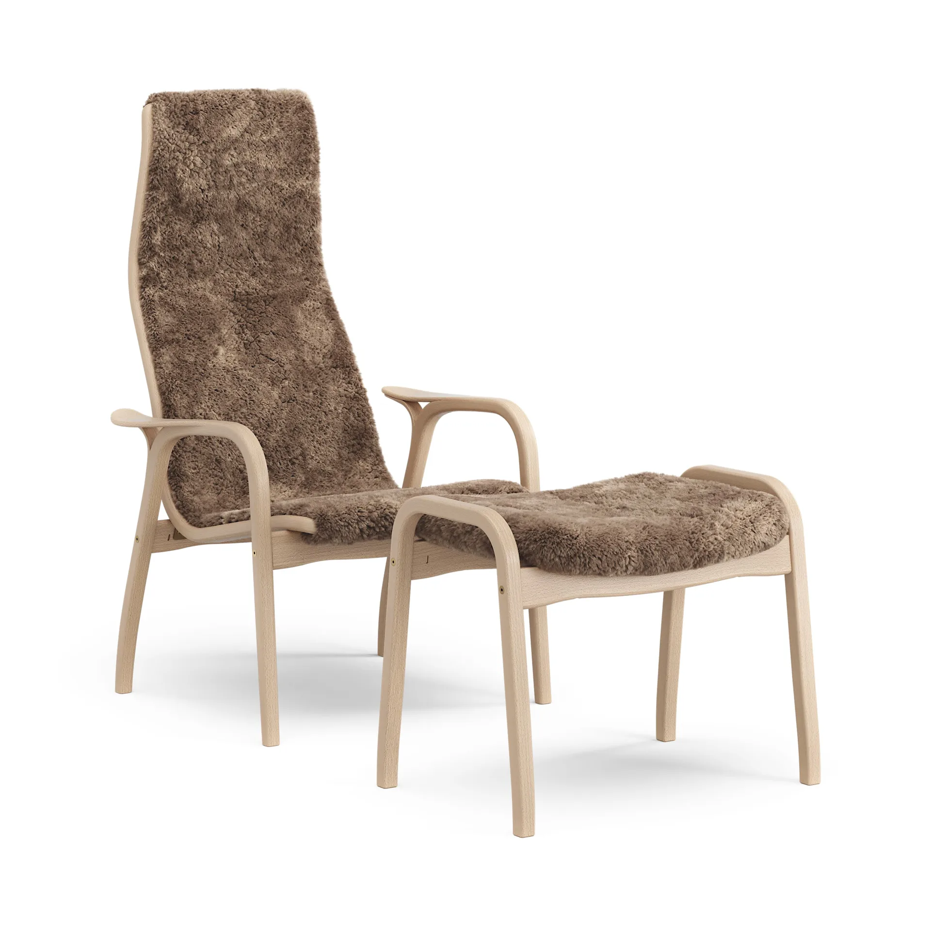 Lamino armchair and footstool varnished beech/sheepskin, Sahara (nougat-brown) Swedese