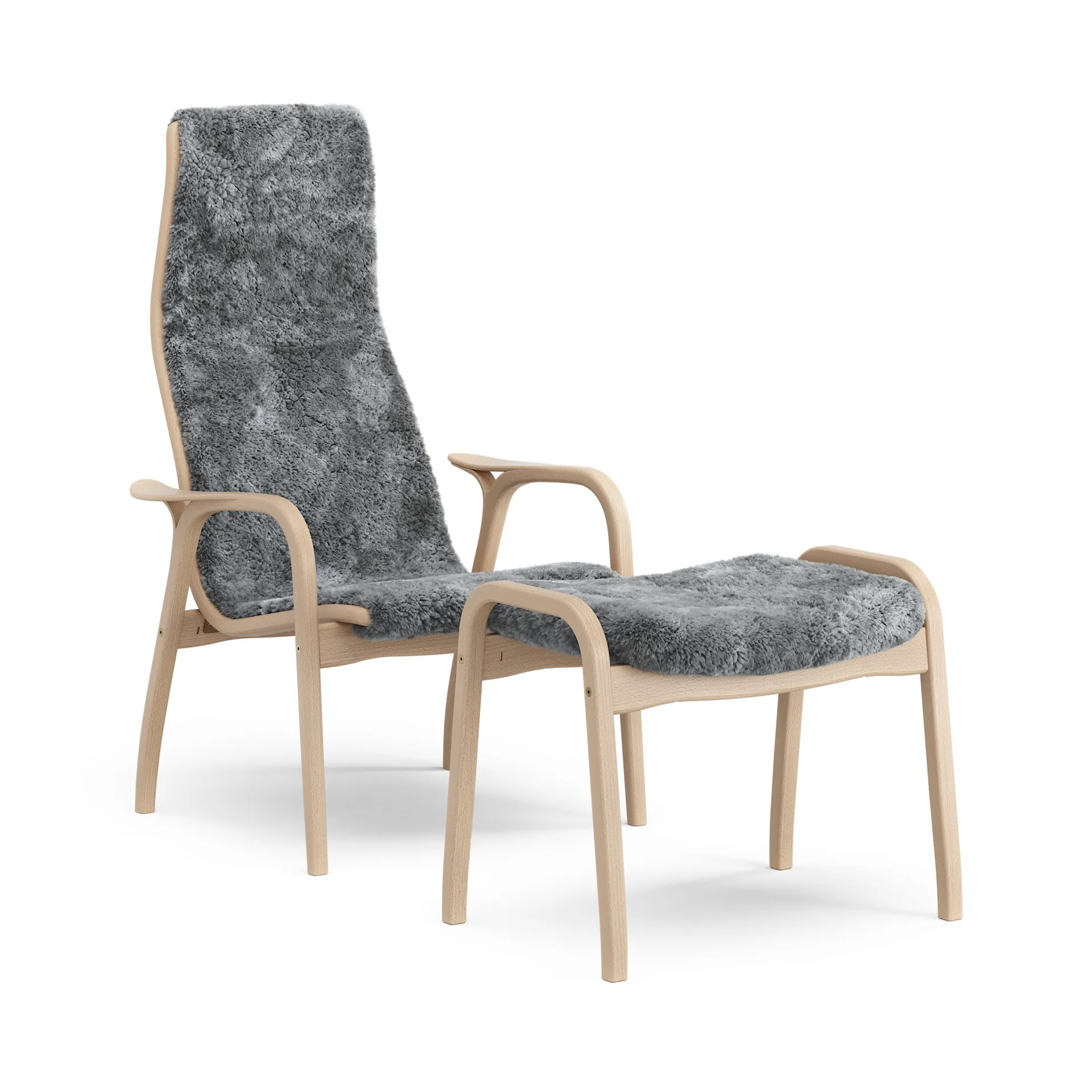 Lamino armchair and footstool varnished beech/sheepskin, Scandinavian Grey Swedese