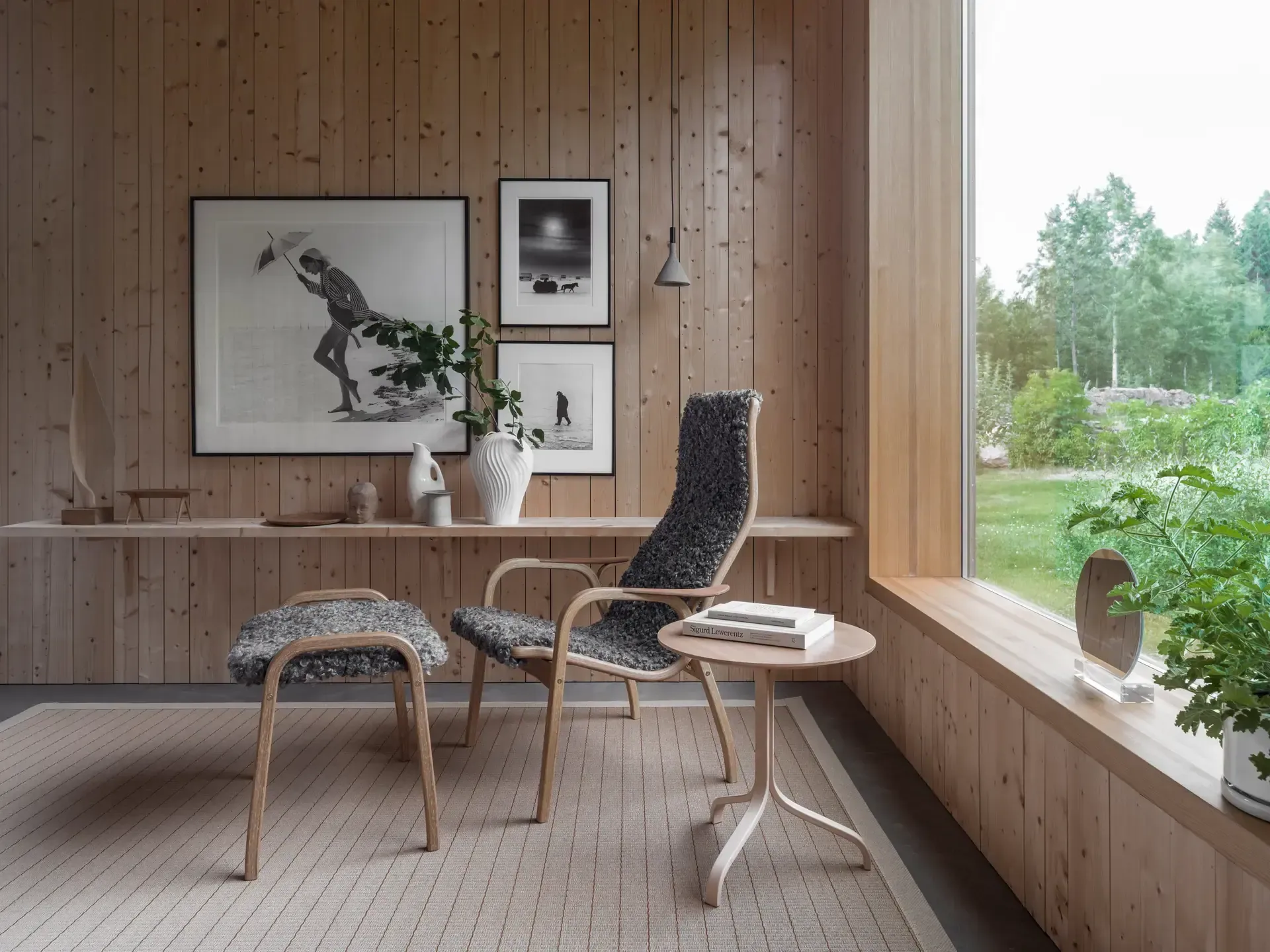 Lamino armchair, Sheepskin Moonlight-lacquered beech Swedese