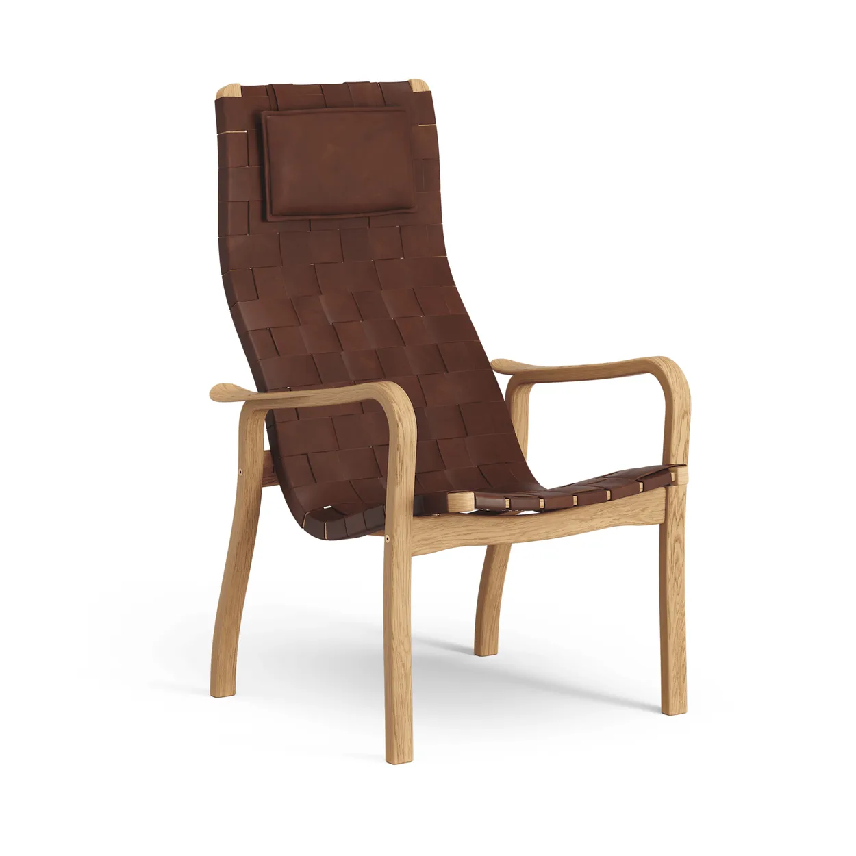 Swedese Primo arm chair high with neck cushion oiled oak Belt leather brown / red