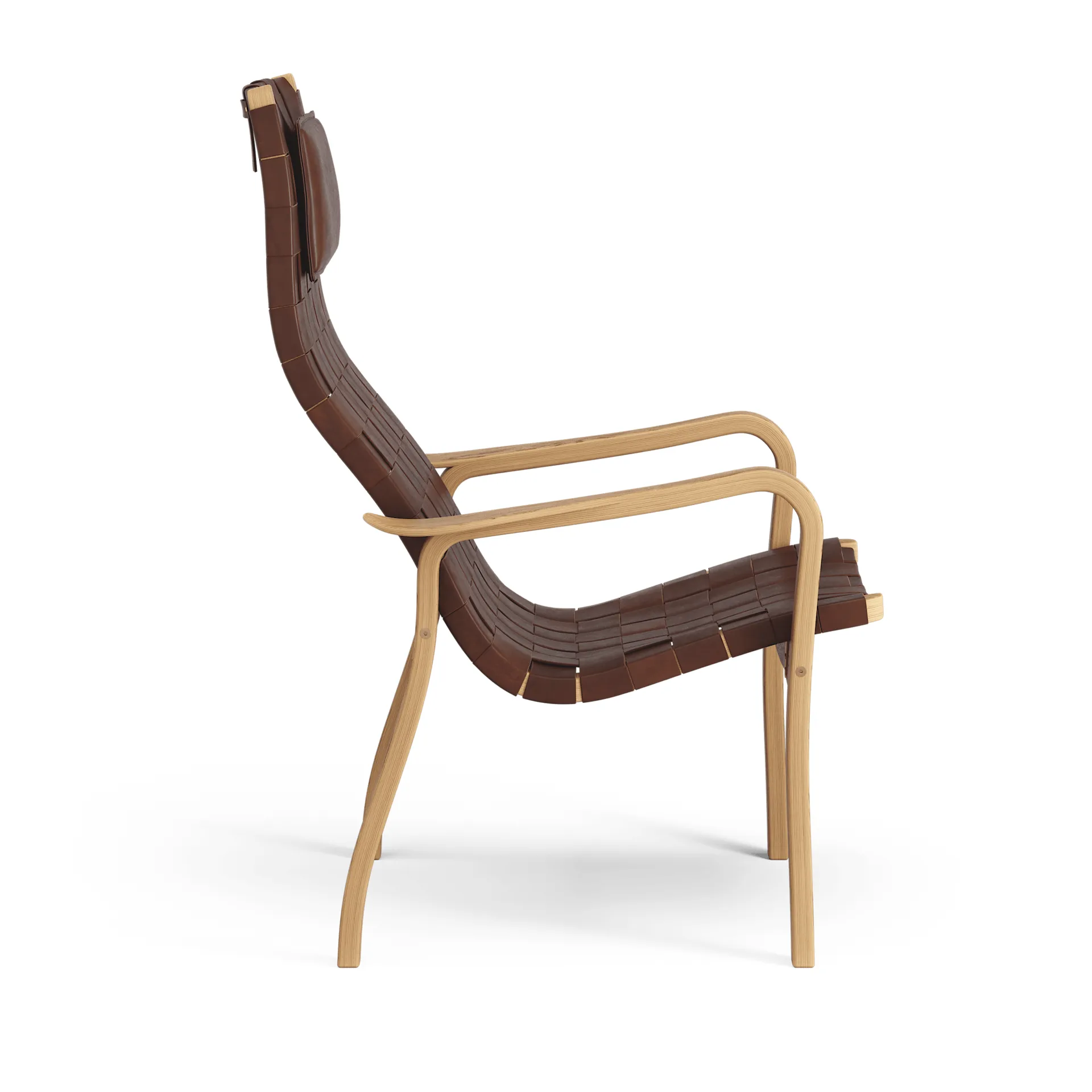 Primo arm chair high with neck cushion oiled oak, Belt leather brown / red Swedese