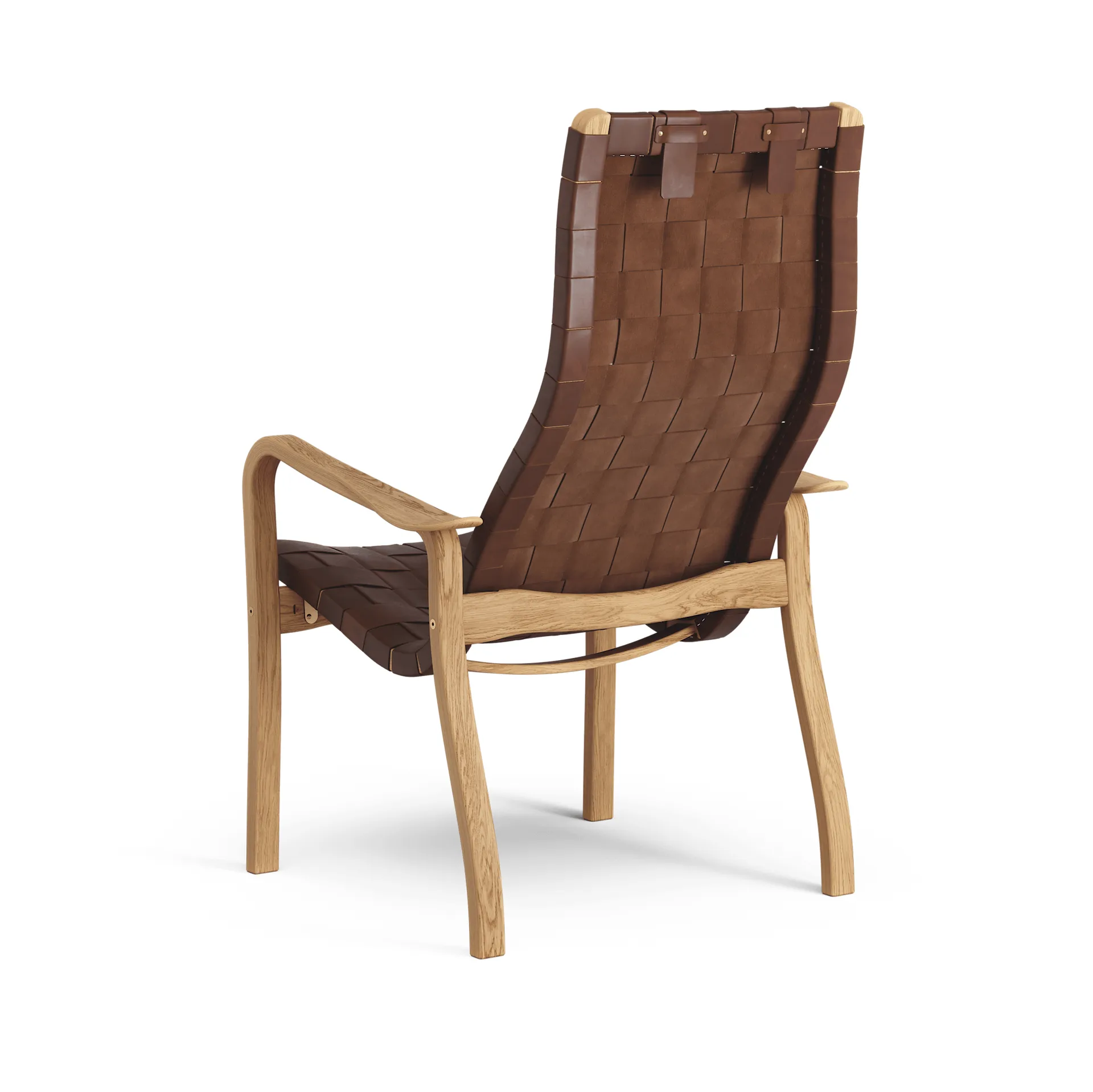 Primo arm chair high with neck cushion oiled oak, Belt leather brown / red Swedese