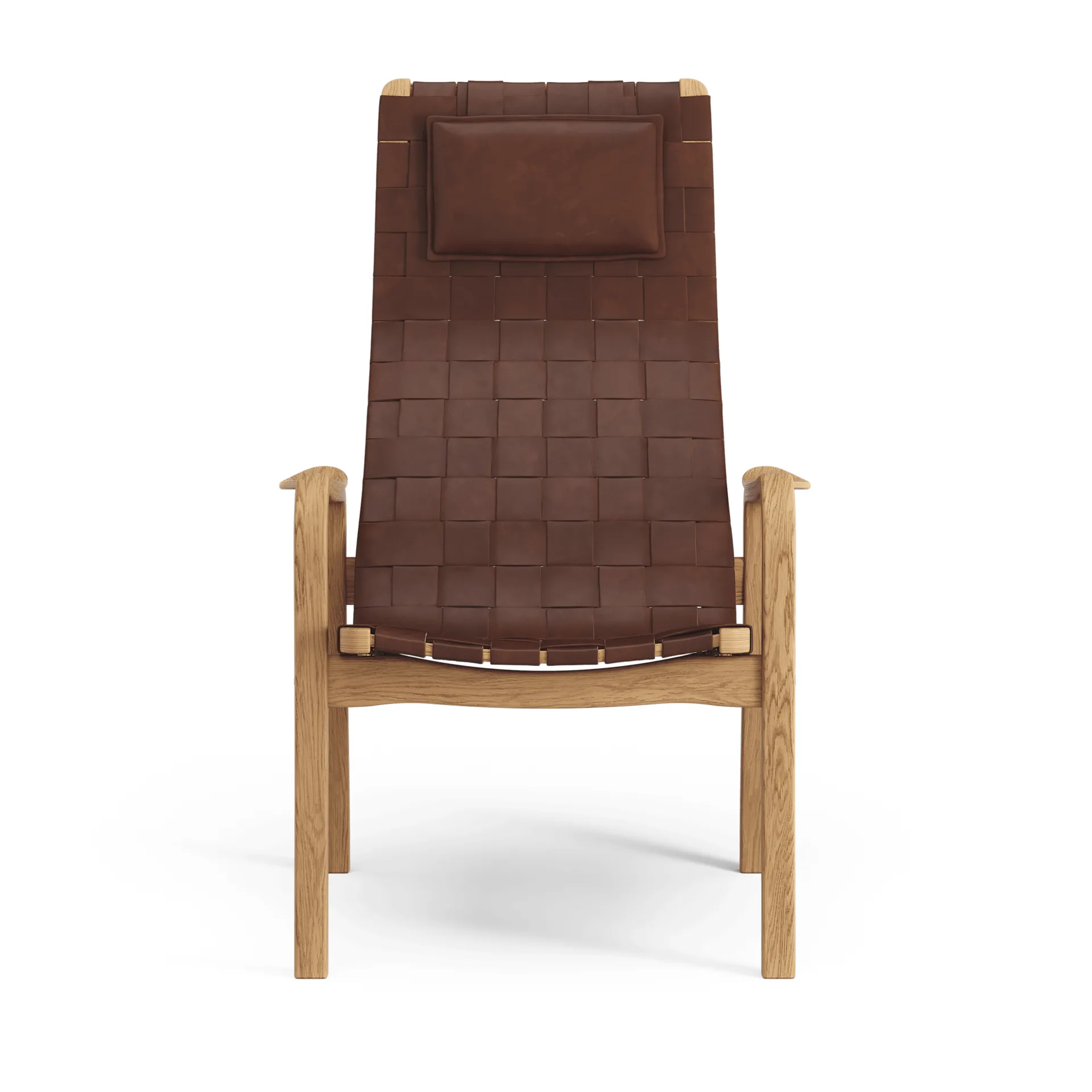Primo arm chair high with neck cushion oiled oak, Belt leather brown / red Swedese