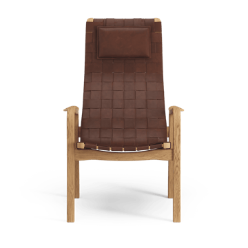 Primo arm chair high with neck cushion oiled oak - Belt leather brown / red - Swedese