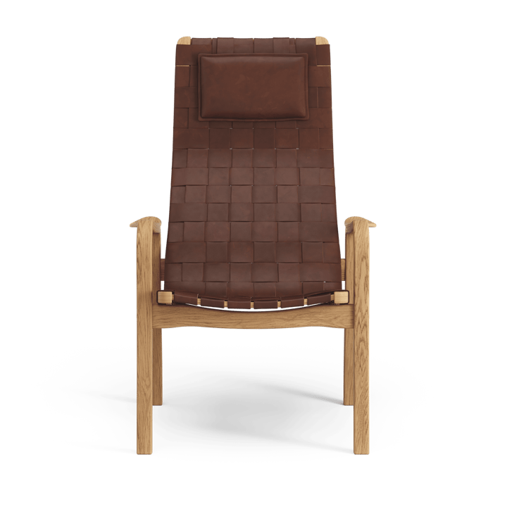 Primo arm chair high with neck cushion oiled oak - Belt leather brown / red - Swedese