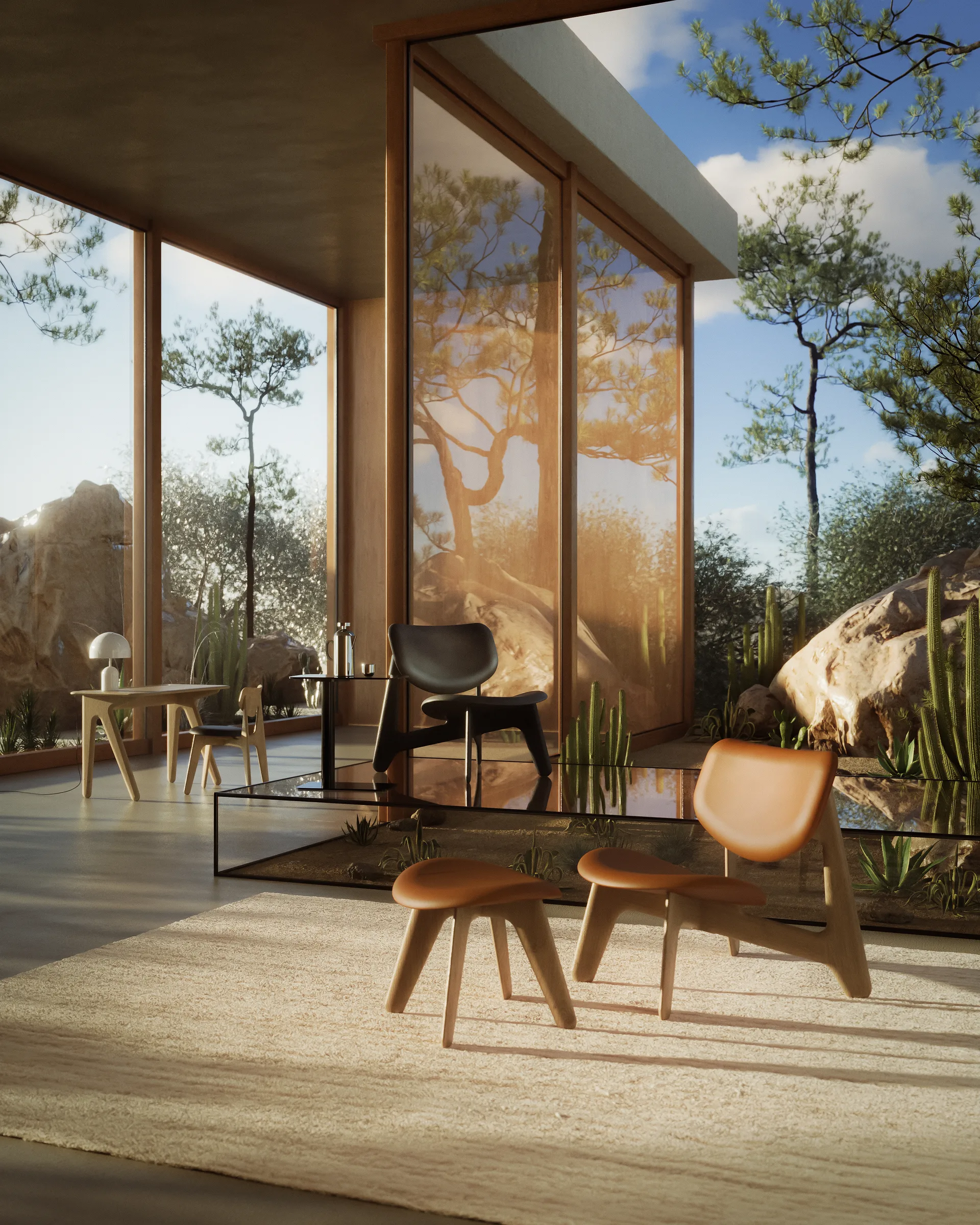 Slab lounge chair upholstered seat, Natural oak-cognac leather Tom Dixon