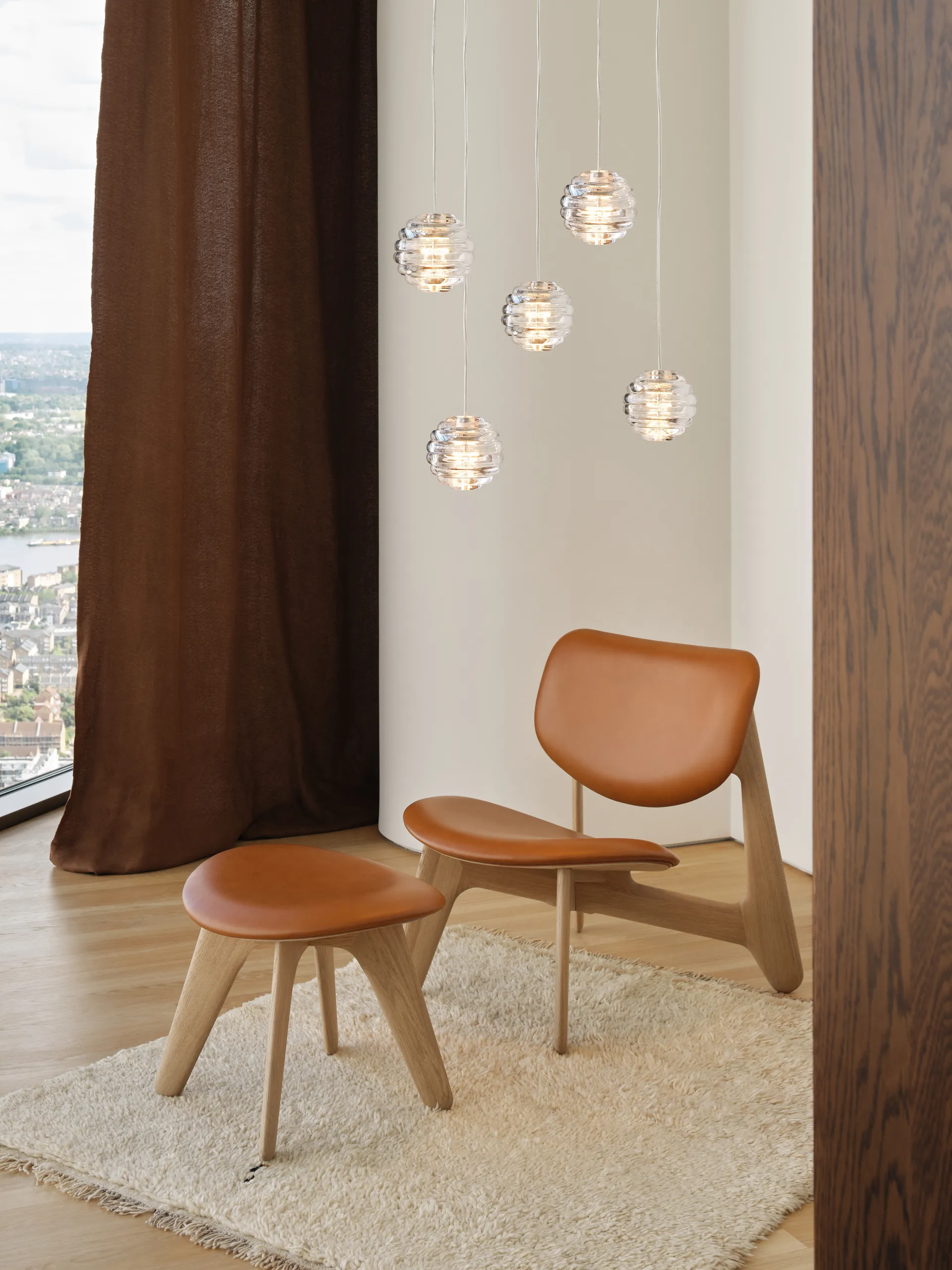 Slab lounge chair upholstered seat, Natural oak-cognac leather Tom Dixon