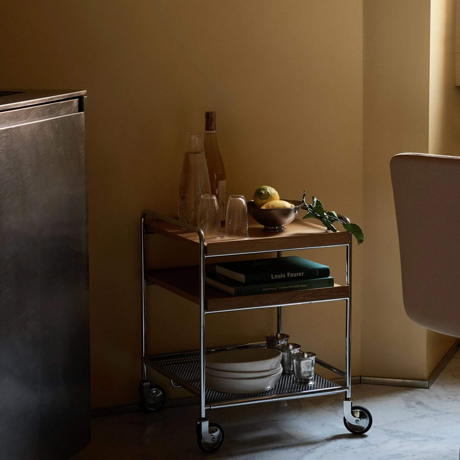 Alima NDS2 serving trolley, Lacquered oak-chrome &Tradition