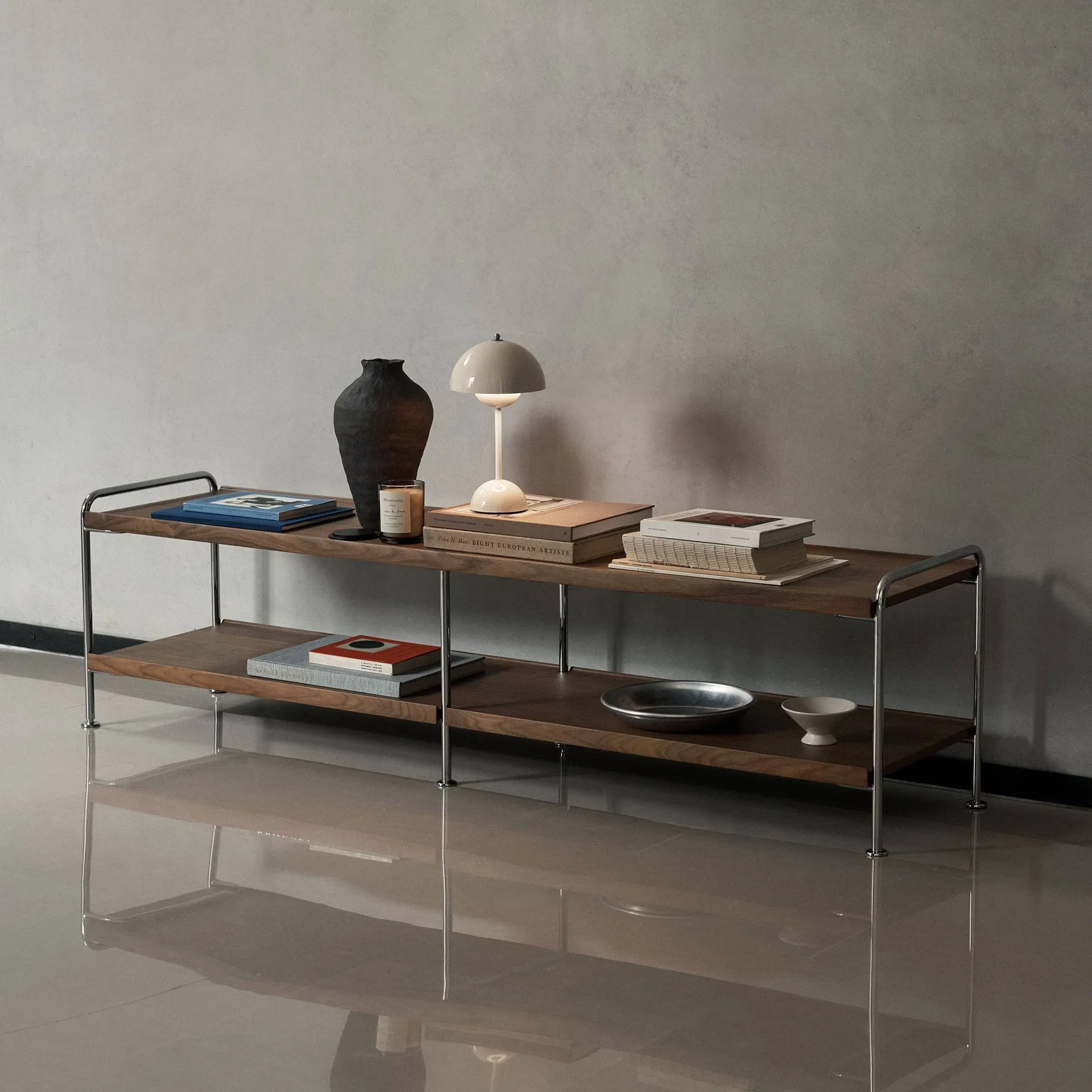 Alima NDS4 console shelf, Lacquered walnut-chrome, 162x42x38 cm &Tradition