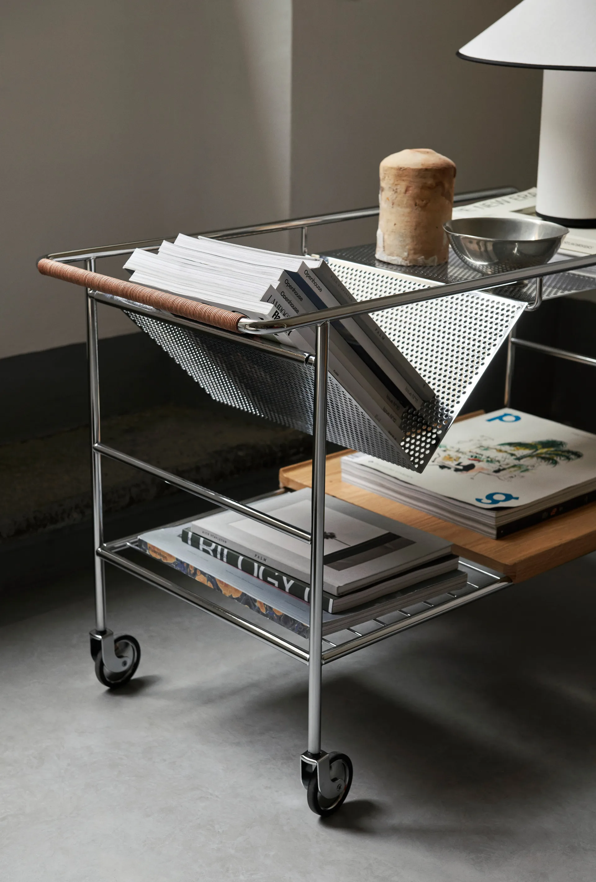 Alima storage trolley varnished oak, Chrome & lacquered oak &Tradition
