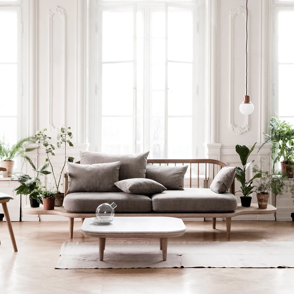 Fly SC3 sofa, Fabric hot madison 094 light grey. white oiled oak stand and side table &Tradition