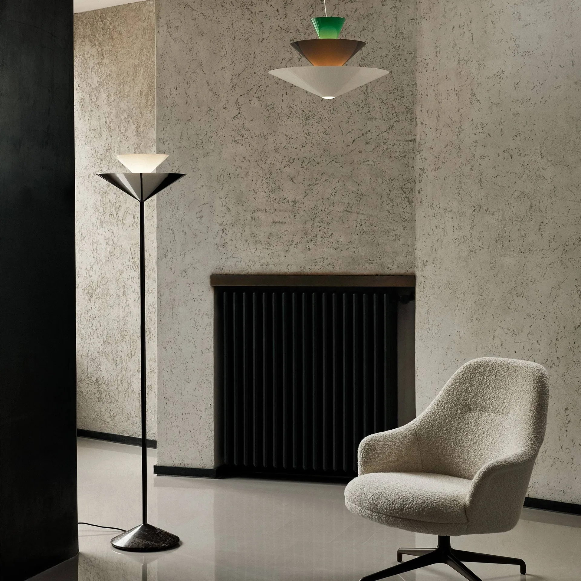 Gio LN 28 floor lamp, Dark chrome, marble &Tradition