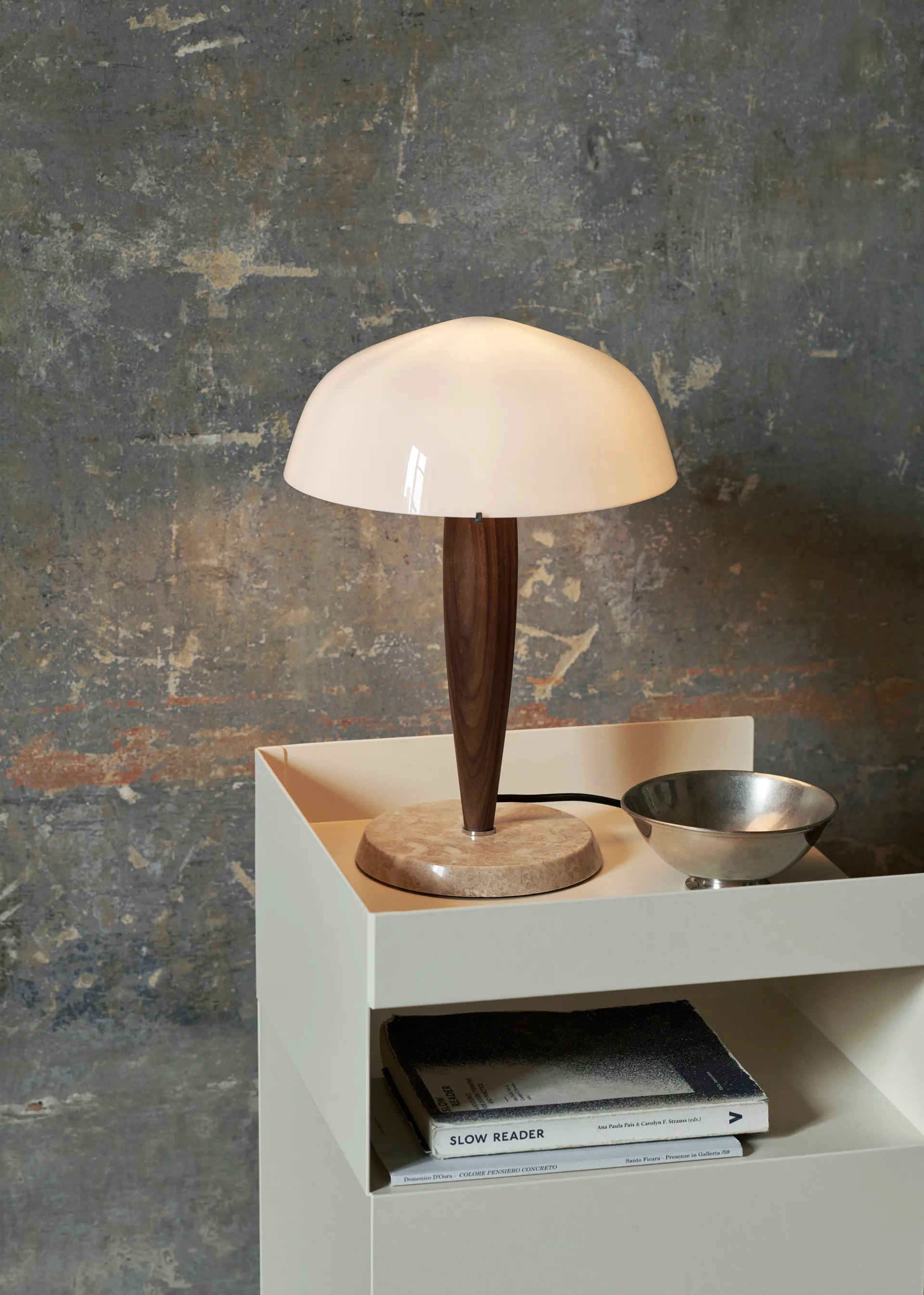 Herman SHY3 table lamp, walnut & cream marble, textile cord &Tradition