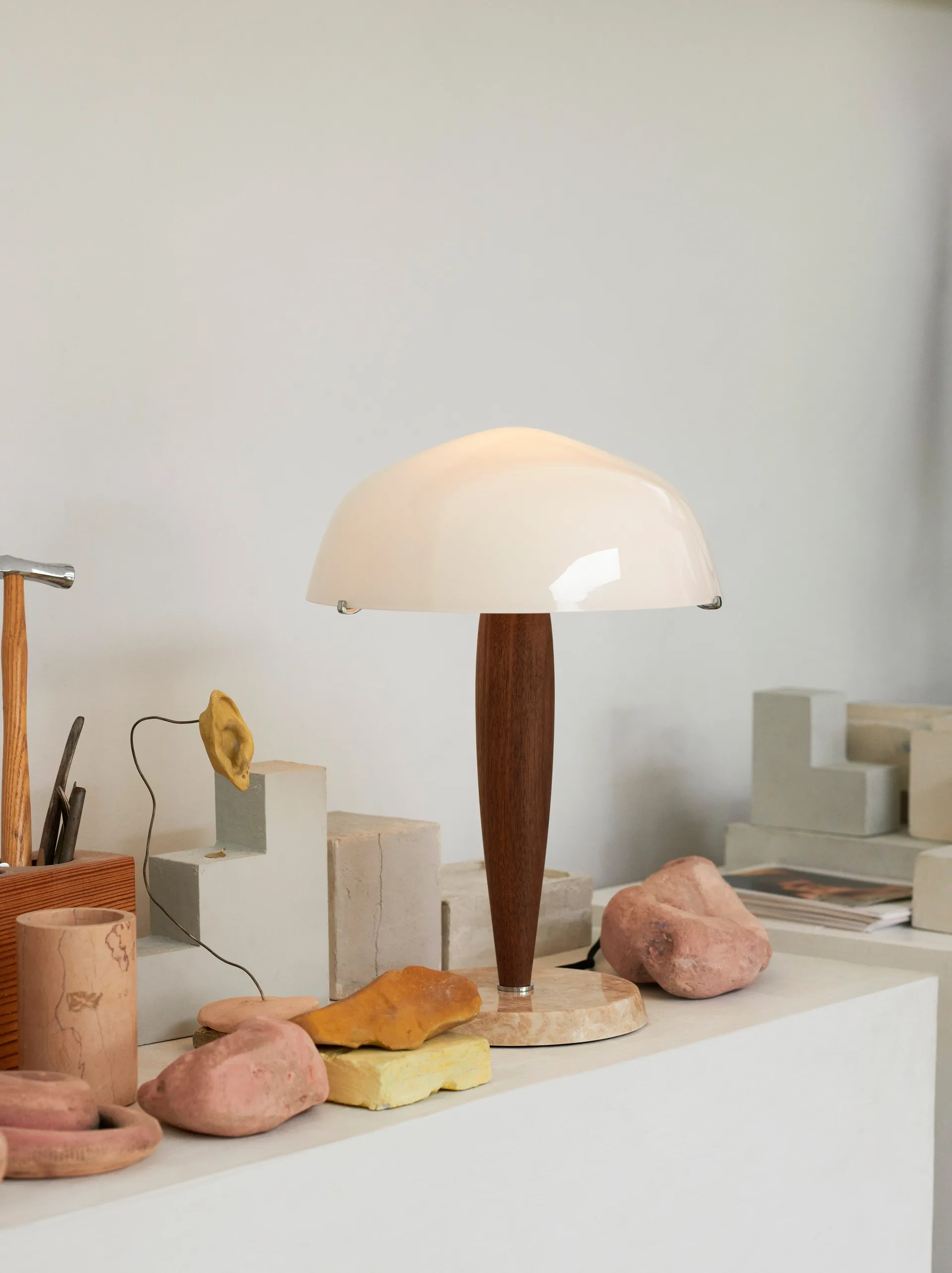 Herman SHY3 table lamp, walnut & cream marble, textile cord &Tradition