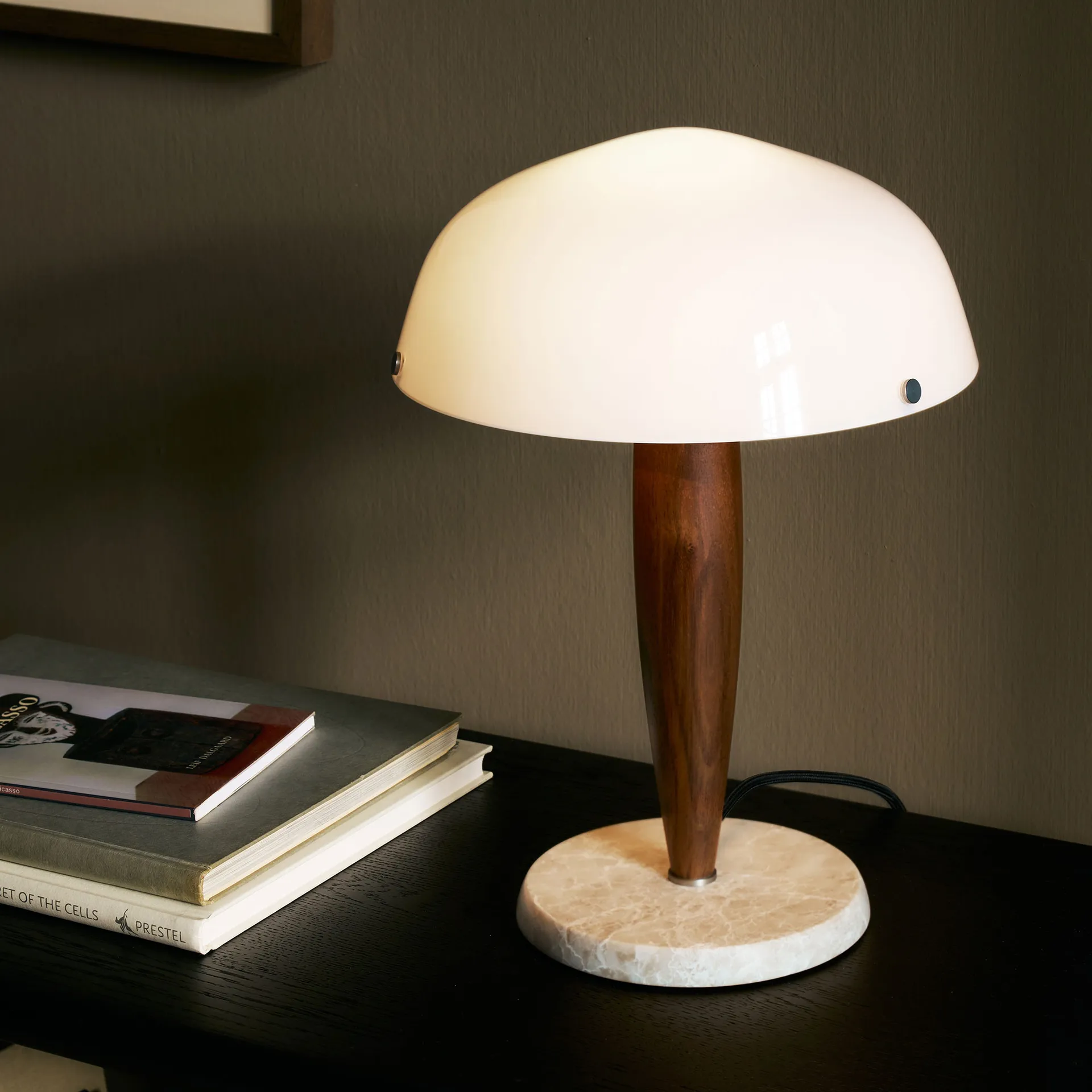 Herman SHY3 table lamp, walnut & cream marble, textile cord &Tradition