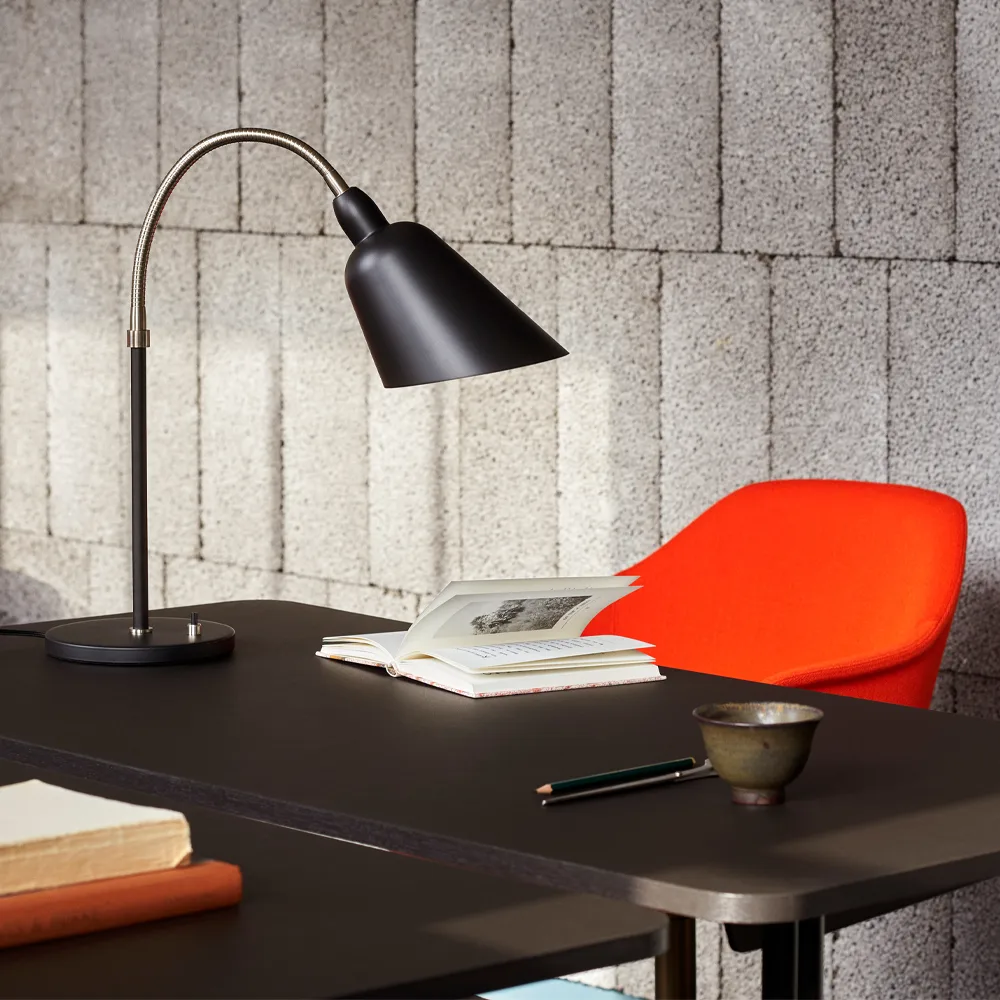 Pavilion AV16 desk, Iron linoleum, lacquered walnut, chrome legs &Tradition