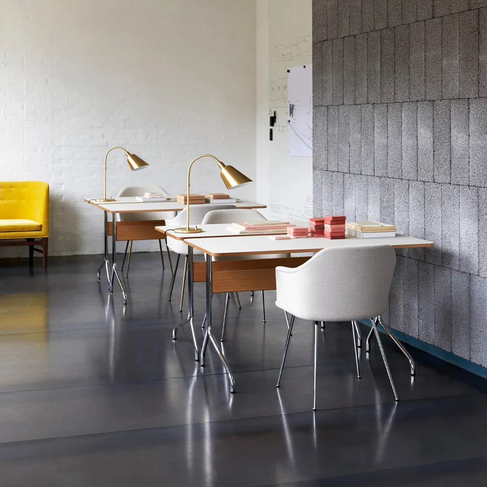 Pavilion AV16 desk, Mushroom linoleum, lacquered oak, chrome legs &Tradition