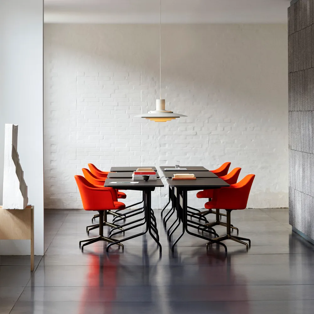 Pavilion AV16 desk, Mushroom linoleum, lacquered oak, chrome legs &Tradition