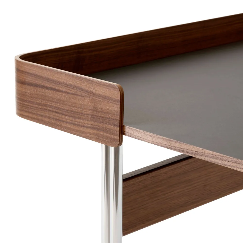 Pavilion AV17 desk, Iron linoleum, lacquered walnut, chrome legs &Tradition