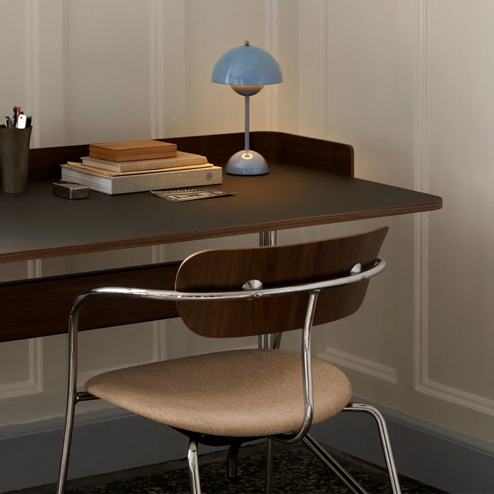 Pavilion AV17 desk, Iron linoleum, lacquered walnut, chrome legs &Tradition