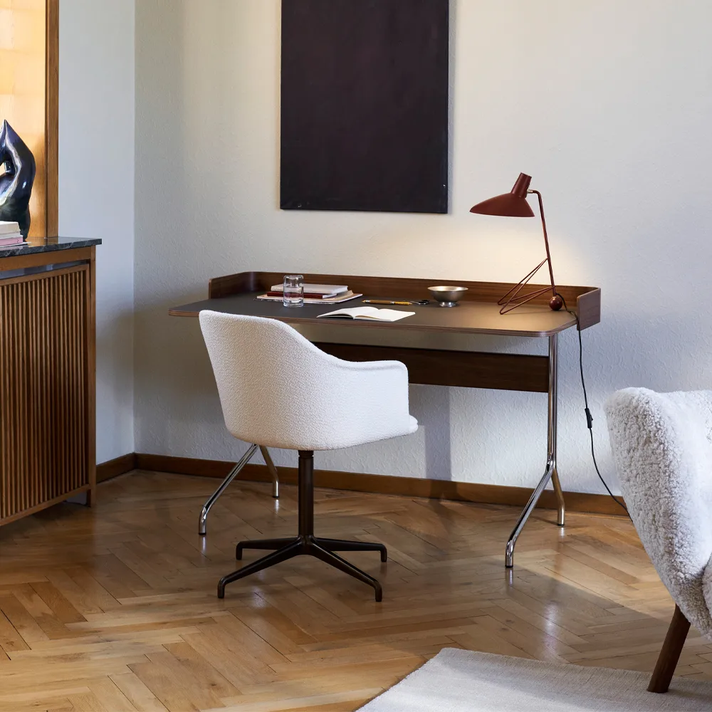 Pavilion AV17 desk, Mushroom linoleum, lacquered oak, chrome legs &Tradition