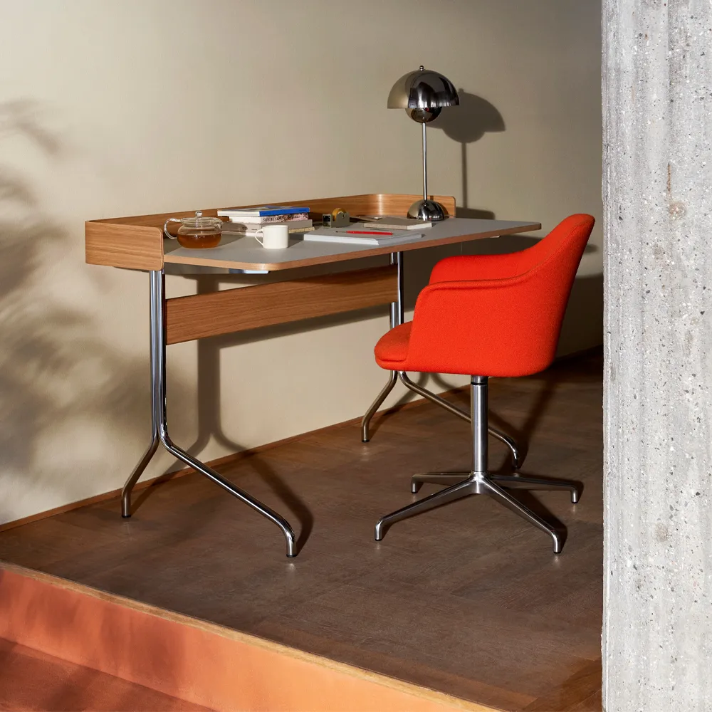 Pavilion AV17 desk, Mushroom linoleum, lacquered oak, chrome legs &Tradition