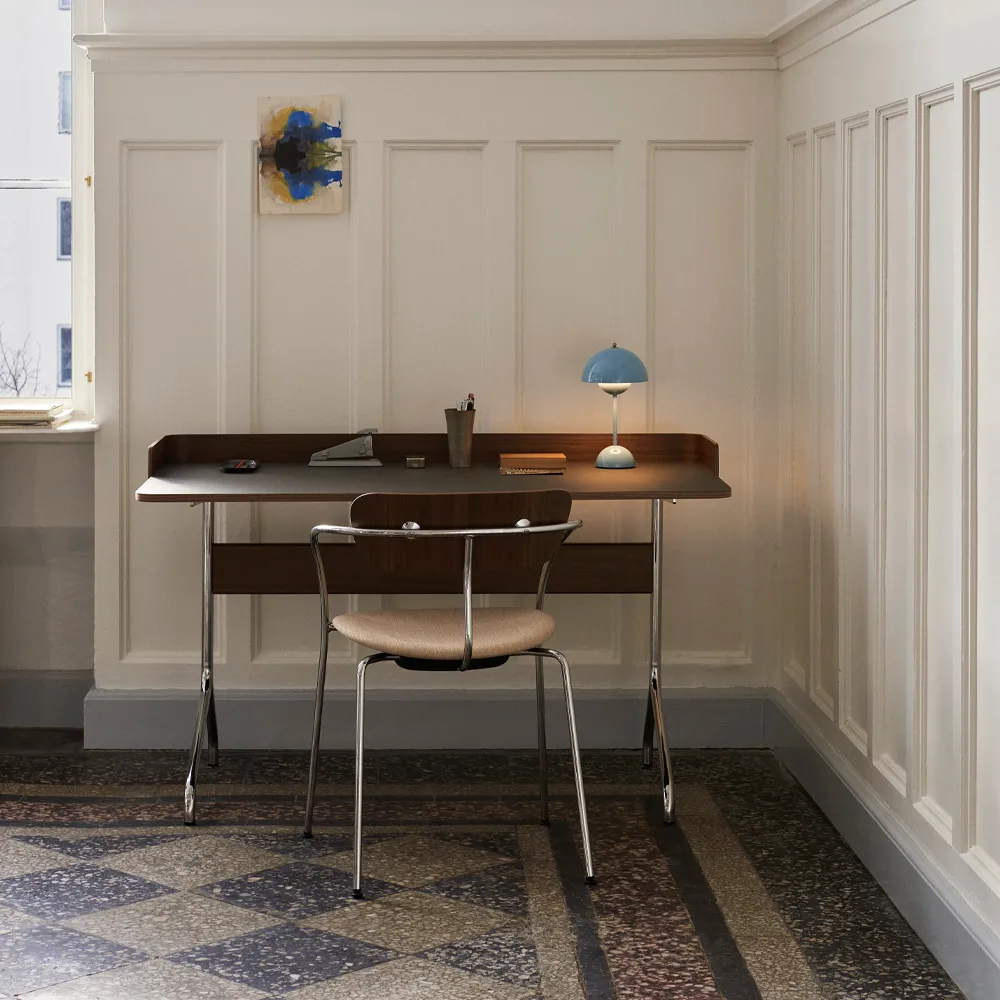 Pavilion AV17 desk, Mushroom linoleum, lacquered oak, chrome legs &Tradition