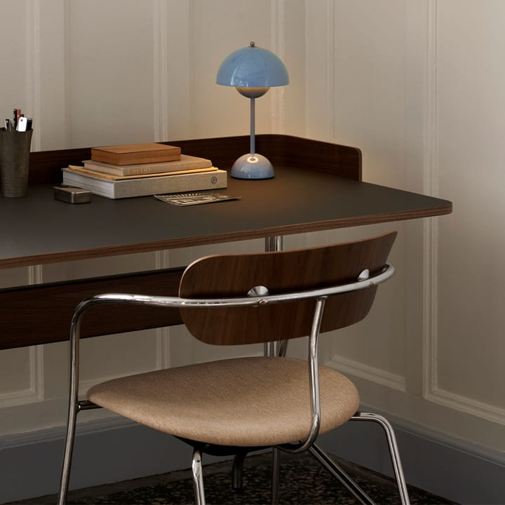 Pavilion AV17 desk, Mushroom linoleum, lacquered oak, chrome legs &Tradition