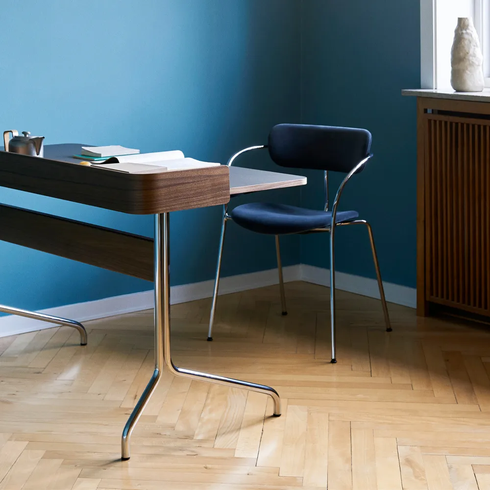 Pavilion AV17 desk, Mushroom linoleum, lacquered oak, chrome legs &Tradition