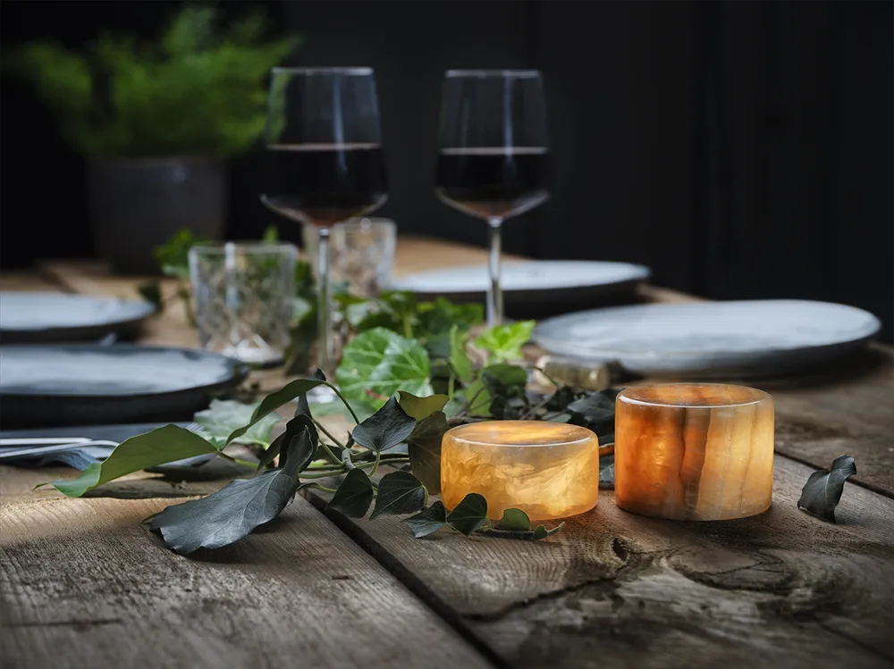 Marble table candle, Beige gloss, Ø8x4 cm Unison