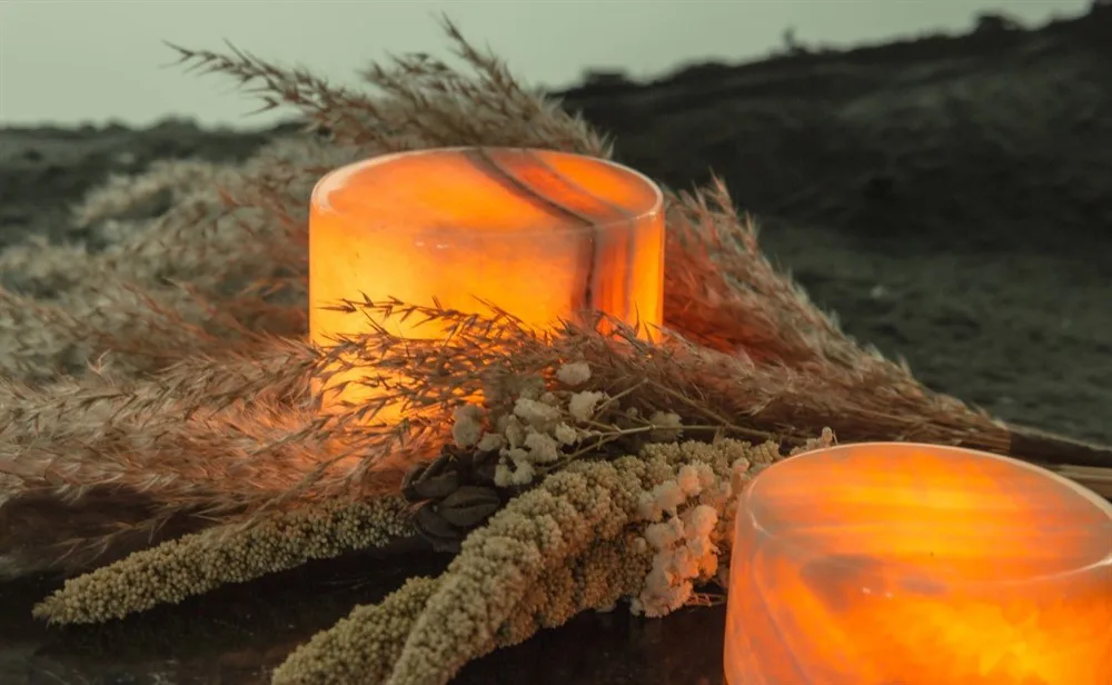 Marble table candle, Beige gloss, Ø8x6 cm Unison